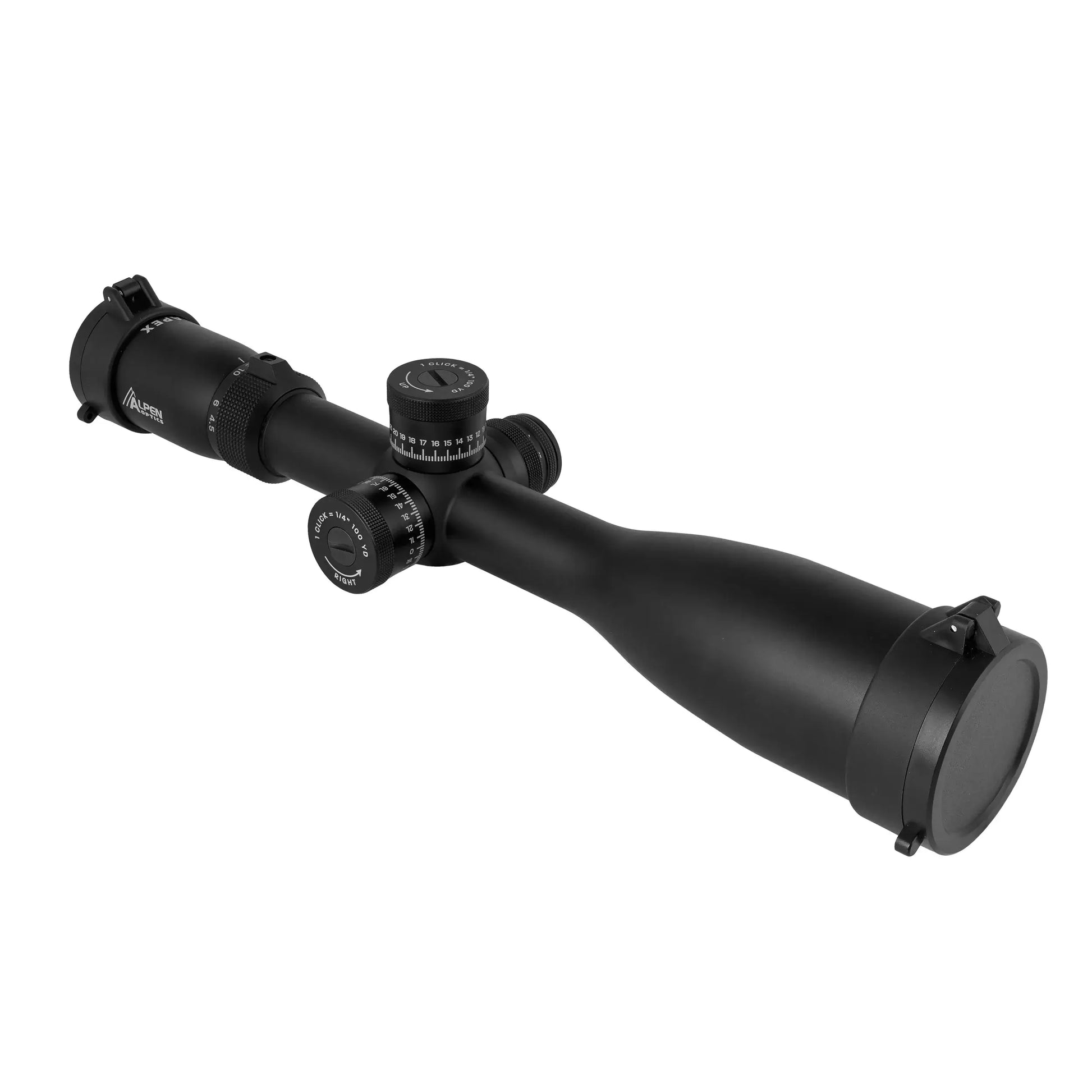 Alpen Apex 4.5-27x50 top right view with lens covers added. 