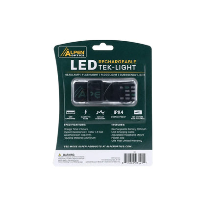 Alpen LED Rechargeable Tek-Light Headlamp in retail packaging rear view. 
