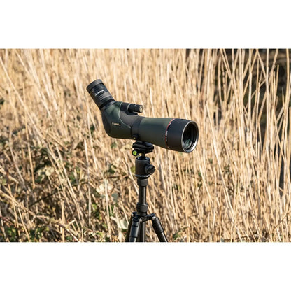 Front left view of the Alpen Apex XP ED Waterproof Spotting Scope in the grassy field. 