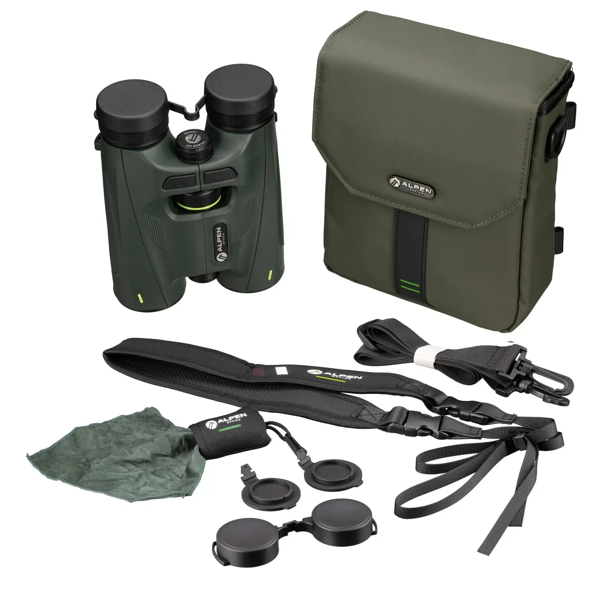 Green binoculars with accessories and carrying case on a white background