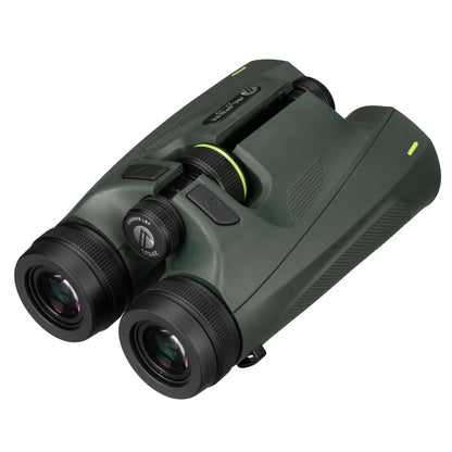 Green binoculars with rangefinder on a white background