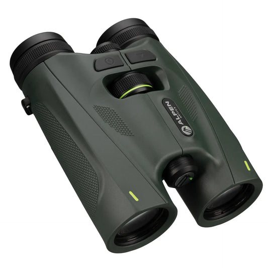 Green binoculars with a brand logo on a white background