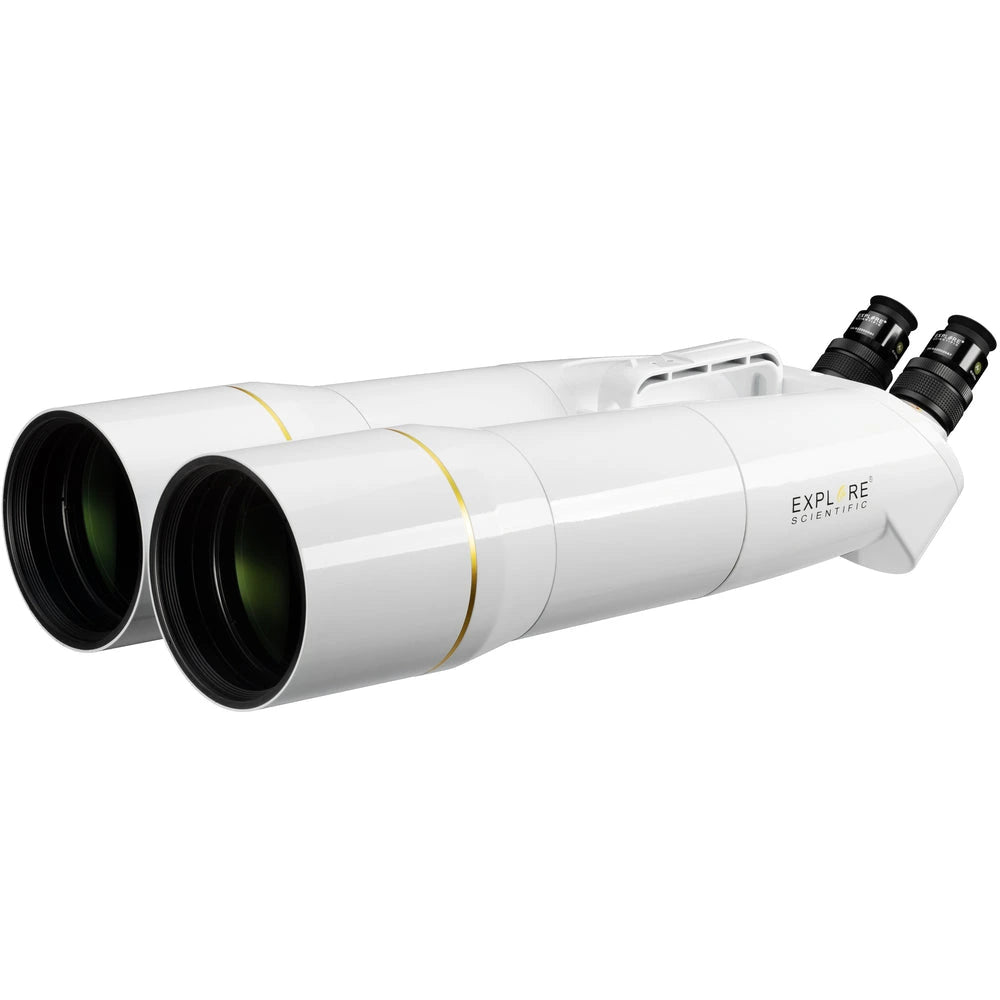 White telescope with dual eyepieces on a white background