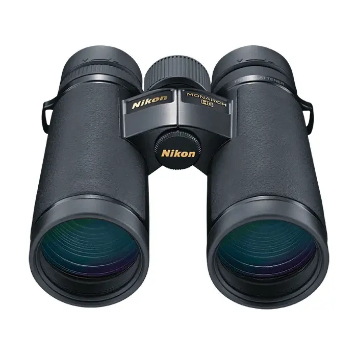 A pair of Nikon MONARCH HG 10x42 binoculars with black rubberized body and eyecups visible on a white background.