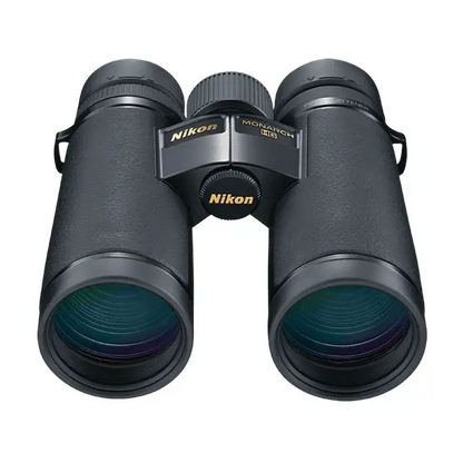 A pair of Nikon MONARCH HG 10x42 binoculars with black rubberized body and eyecups visible on a white background.