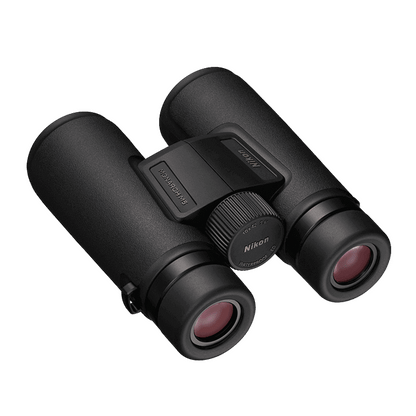 Back left view of Nikon Monarch M5 Binoculars on a white background.