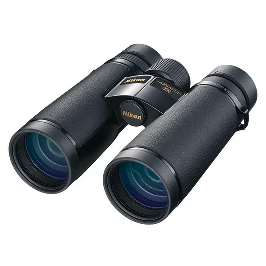 Front left view of the Nikon Monarch HG  Binoculars on a white background.