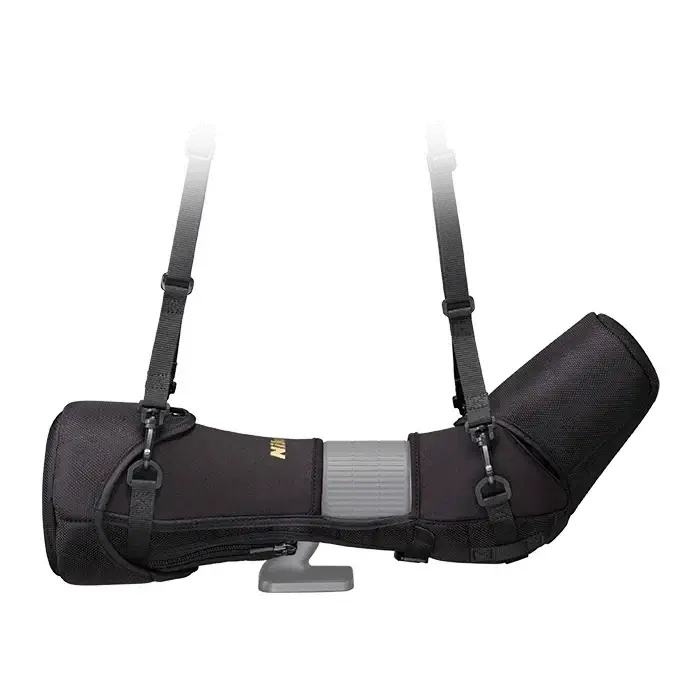 Left side view of Carrying case closed with shoulder strap on a white background.