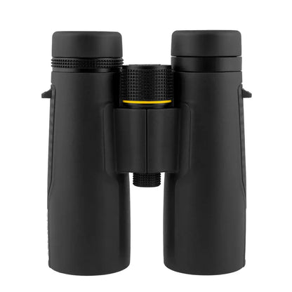 Top view of black Explore Scientific binoculars on a white background.  