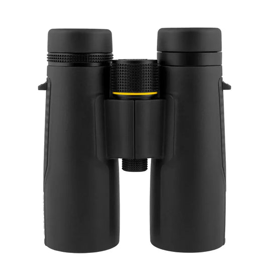Top view of black Explore Scientific binoculars on a white background.  
