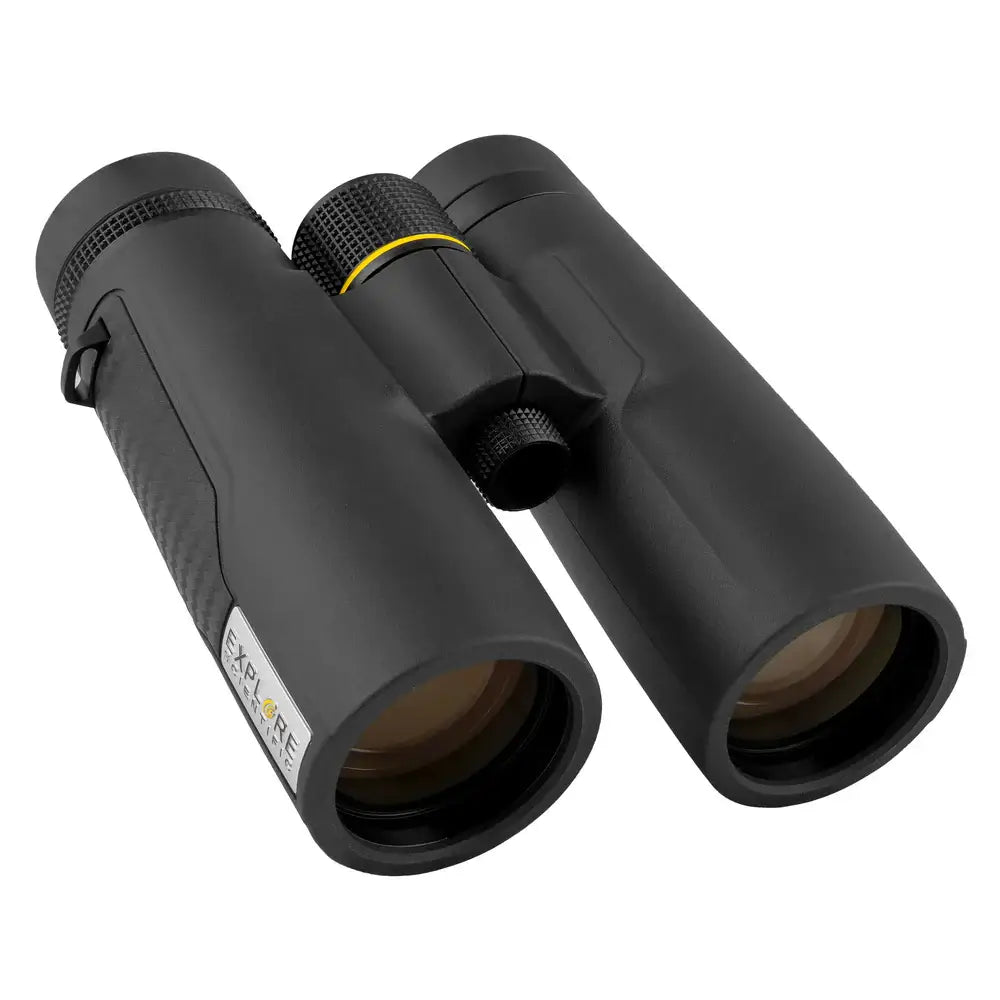 Top Right view of black Explore Scientific binoculars on a white background.  