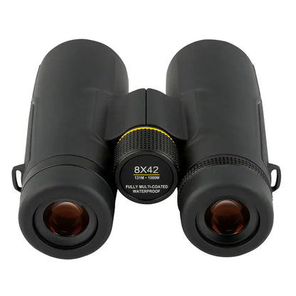 Top Rear view of black Explore Scientific binoculars on a white background.  