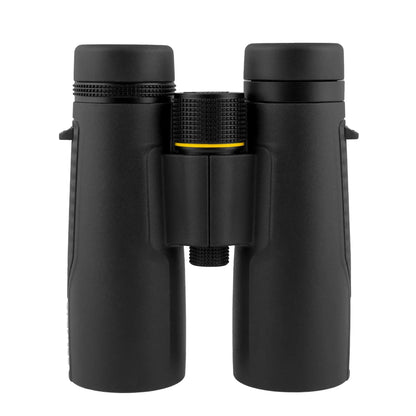 Top view of black Explore Scientific binoculars on a white background.  