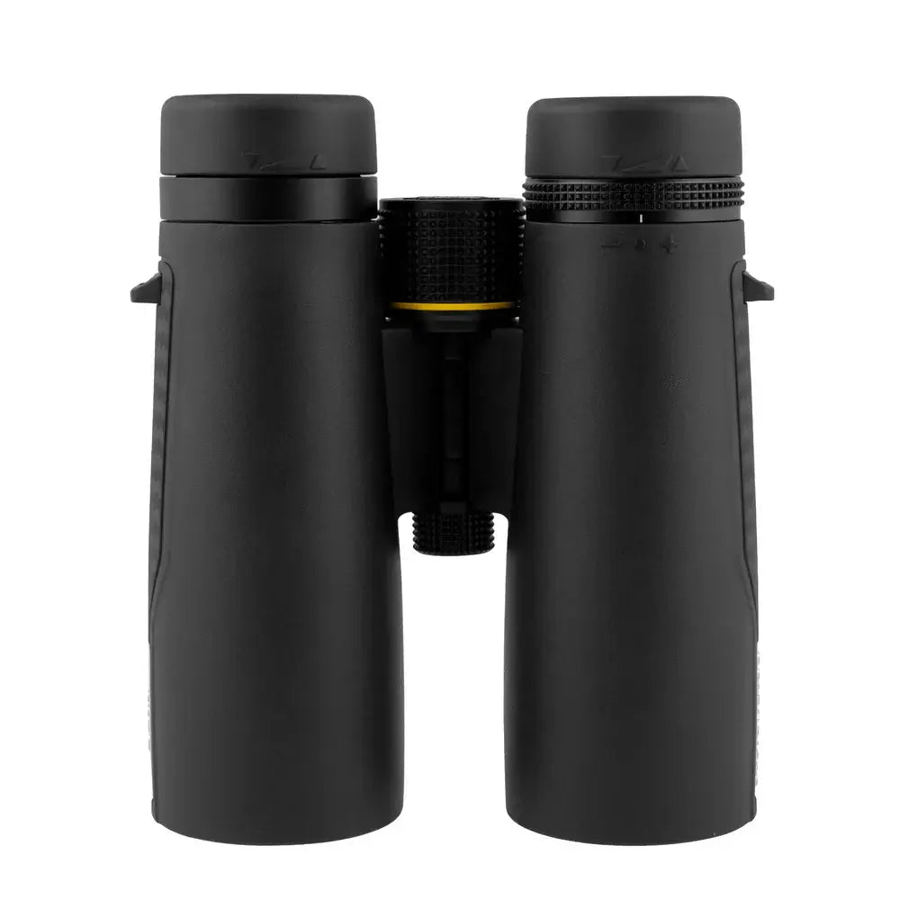 Bottom view of black Explore Scientific binoculars on a white background.  