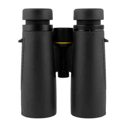 Bottom view of black Explore Scientific binoculars with eye cups extended on a white background.  