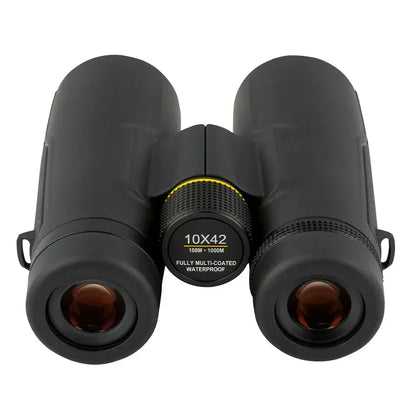 Top Rear view of black Explore Scientific binoculars on a white background.  