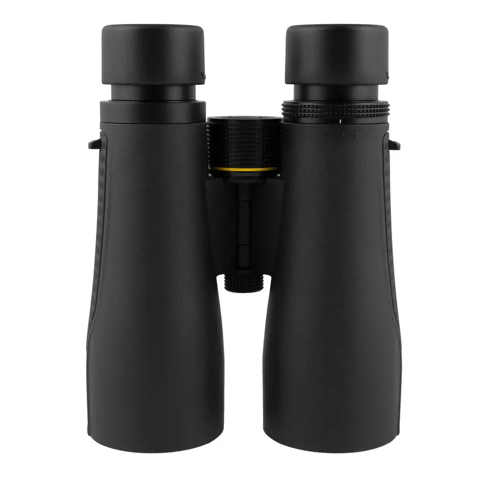 Black binoculars on a white background with eyecups extended.