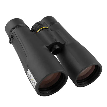 Top right view of black Explore Scientific binoculars with a visible brand  badge plate on the product on a white background