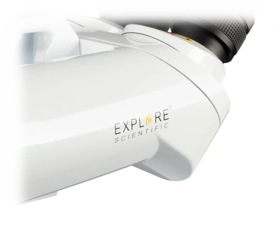Close-up of a scientific instrument with 'Explore Scientific' branding on a white background