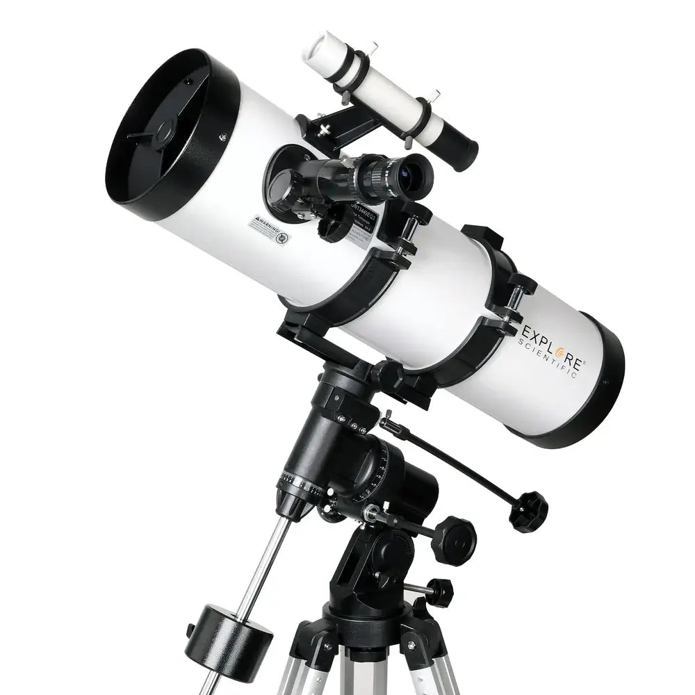 Telescope with white tube and black optics on a white background