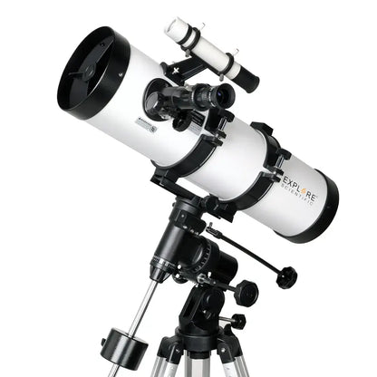 Telescope with white tube and black optics on a white background