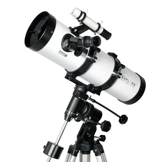 Telescope with white tube and black optics on a white background