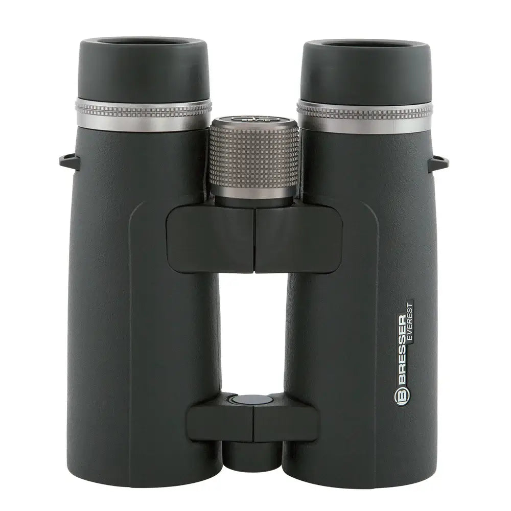 Black binoculars with silver accents on a white background