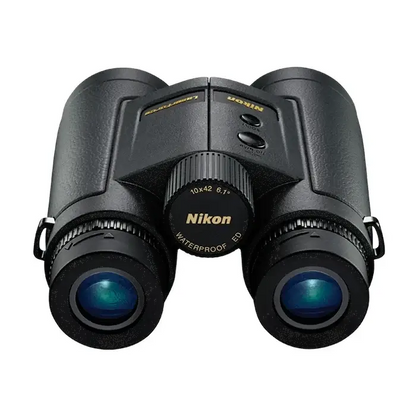 Top and rear view of the Nikon LaserForce Rangefinder Binoculars 10x42 on a white background.