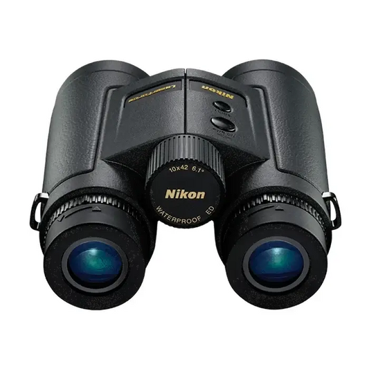 Top and rear view of the Nikon LaserForce Rangefinder Binoculars 10x42 on a white background.