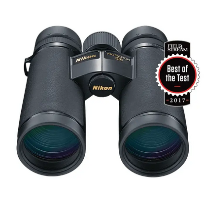 Top front view of the Nikon Monarch HG 10x42 Binoculars with the 2017 Field and Stream Best of the Test winning badge on a white background.