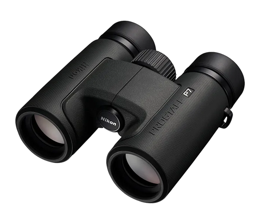 Black Nikon binoculars on a white background