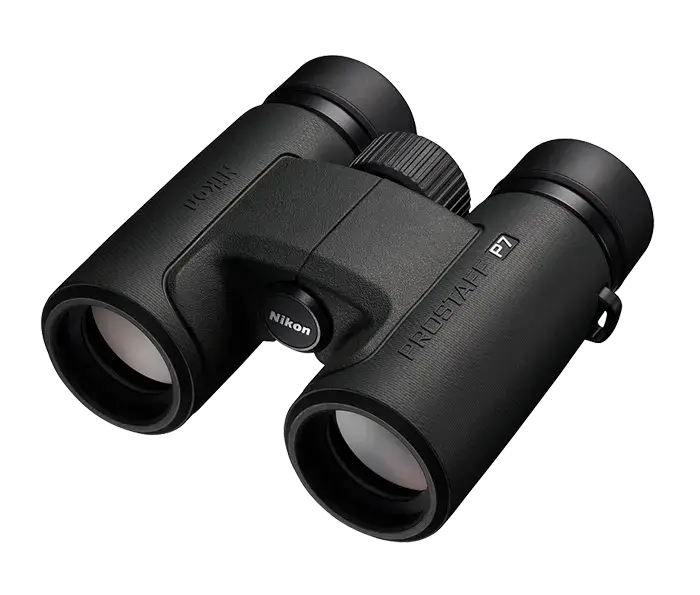 Nikon Prostaff P7 Binoculars Product photo of the front right side on a white background.