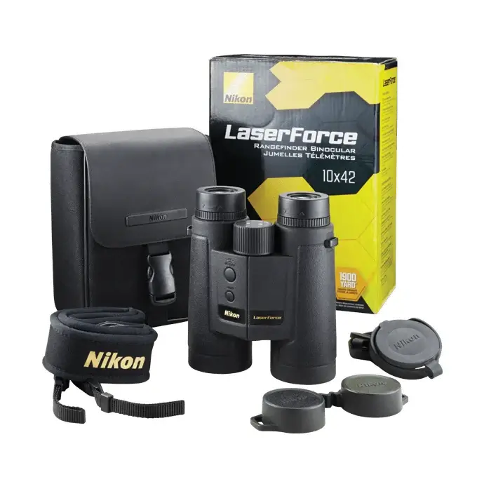 Whats in the box for the Nikon LaserForce Rangefinder Binoculars 10x42, model # 16212 that includes a protective carrying bag, neck strap, Lens Covers and cup covers).