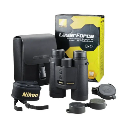 Whats in the box for the Nikon LaserForce Rangefinder Binoculars 10x42, model # 16212 that includes a protective carrying bag, neck strap, Lens Covers and cup covers).