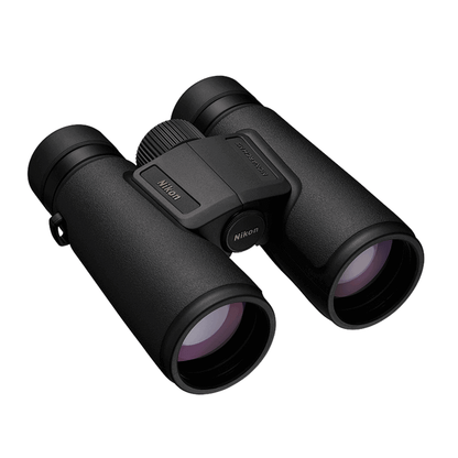 Top right front view of Nikon Monarch M5 Binoculars on a white background.