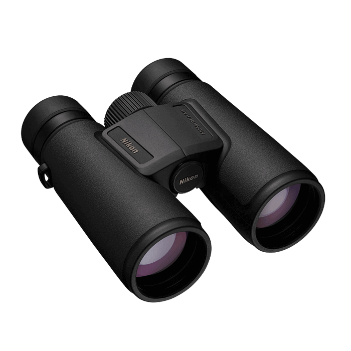 Top right front view of Nikon Monarch M5 Binoculars on a white background.