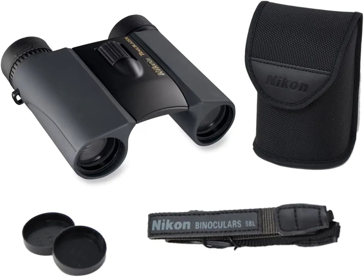 Black Nikon binoculars with carrying case and lens cap on a white background