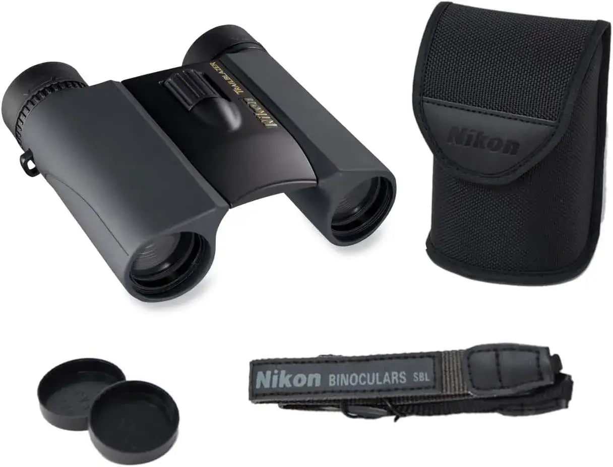 Black Nikon binoculars with carrying case and lens cap on a white background