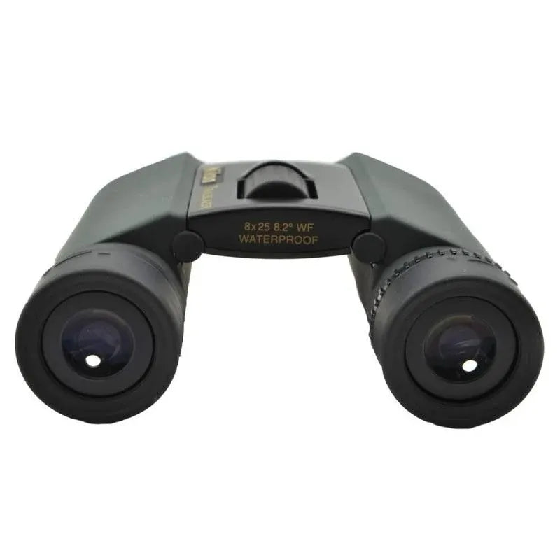 Pair of binoculars with waterproof label on a white background