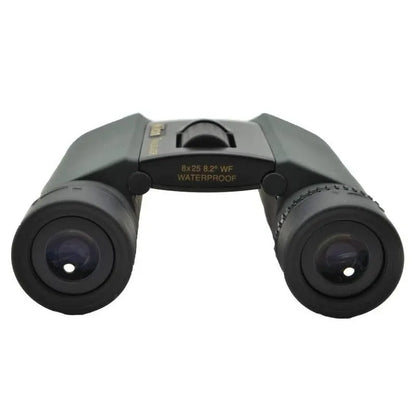 Pair of binoculars with waterproof label on a white background