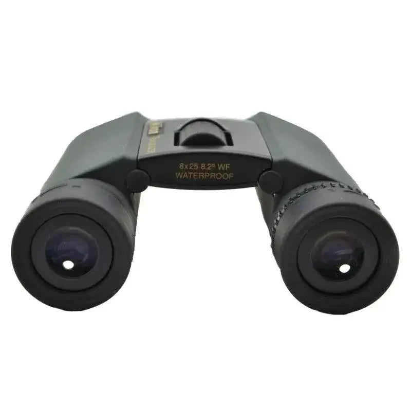 Pair of binoculars with waterproof label on a white background