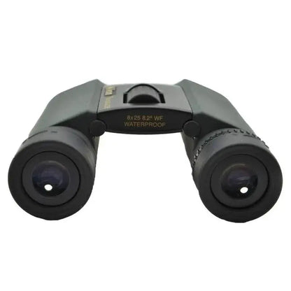 Pair of binoculars with waterproof label on a white background