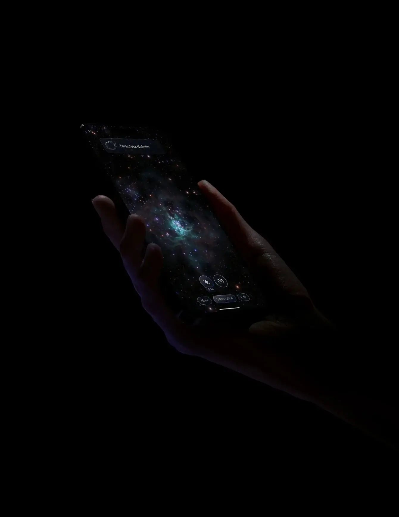 Hand holding a smartphone with a space view on a black background