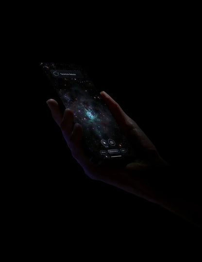 Hand holding a smartphone with a space view on a black background