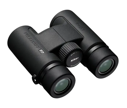 Nikon Prostaff P7 Binoculars Product photo of the rear left side and flattened on a white background.
