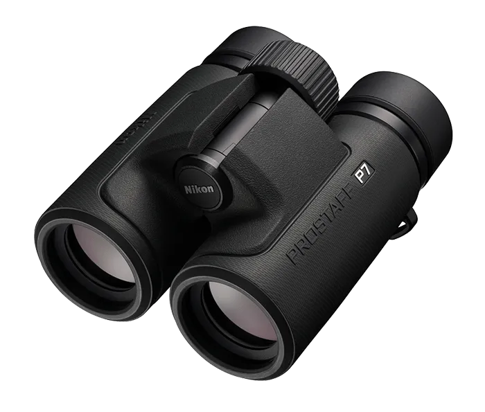 Black binoculars with 'Nikon' branding on a white background