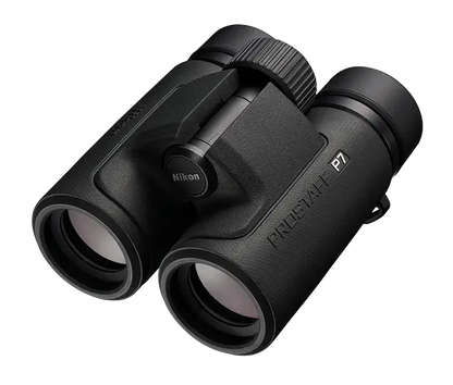 Nikon Prostaff P7 Binoculars Product photo of the rear left side and folded smaller on a white background.