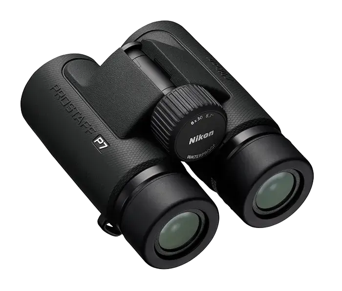 Nikon Prostaff P7 Binoculars Product photo of the rear left side and folded smaller on a white background.