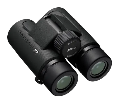 Nikon Prostaff P7 Binoculars Product photo of the rear left side and folded smaller on a white background.