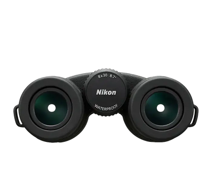 Nikon MONARCH HG binoculars product photo of the rear, the eyecups and focus knob on a white background.